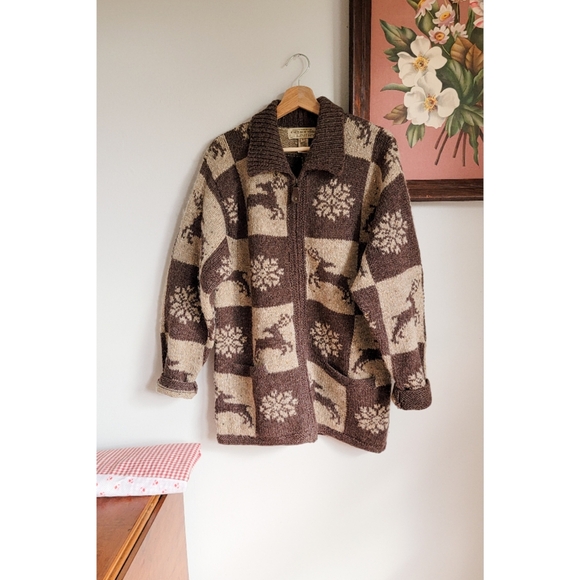 Vintage Wool Cowichan Style Sweater Wool Zip Front w/ Neutral Winter Patchwork - Picture 5 of 15